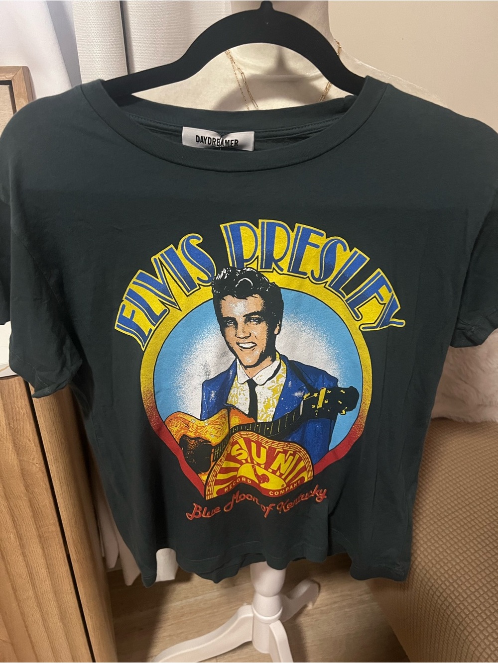 Daydreamer Elvis Presley Graphic Tee in Dark Green with Yellow and Blue Print